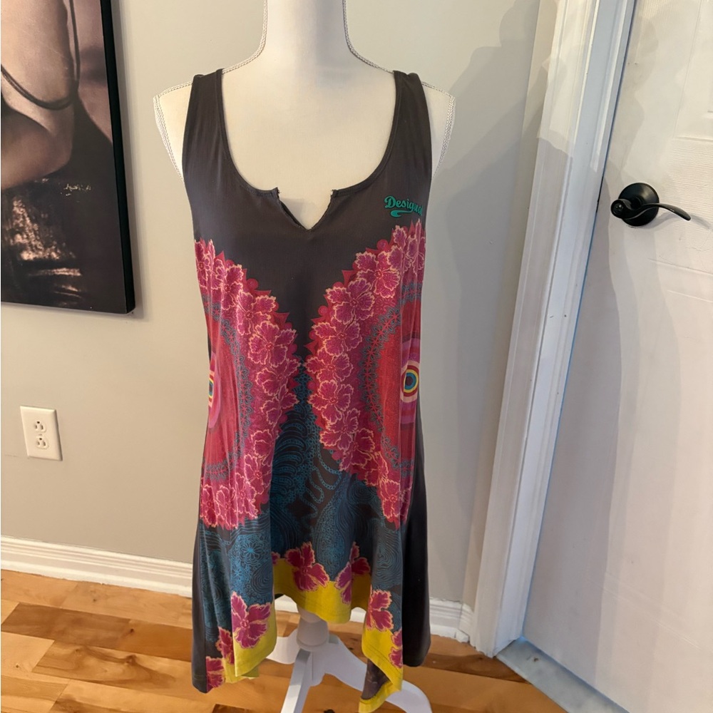 Desigual Multicolor Floral Graphic Camisole Dress — Gray, Pink, Blue, Yellow